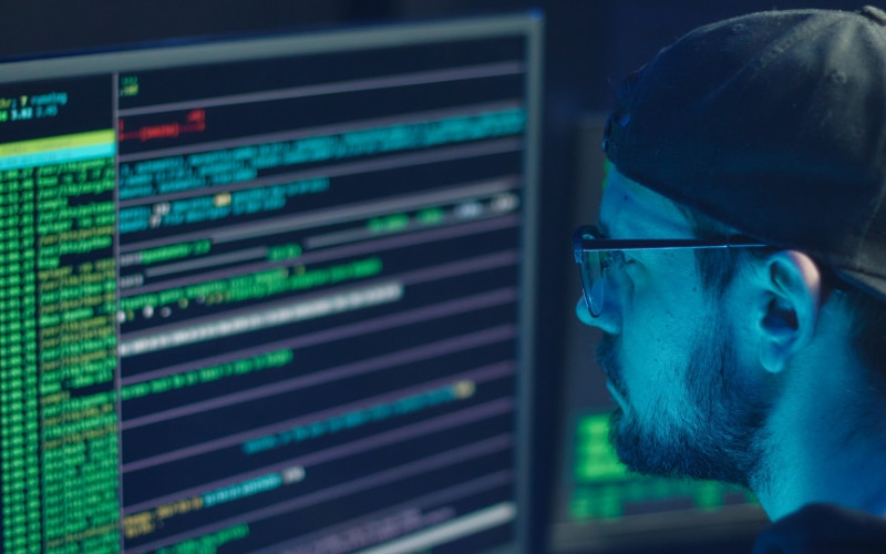 a closeup view of a man wearing glasses and a cap while staring a computer screen displaying programming codes