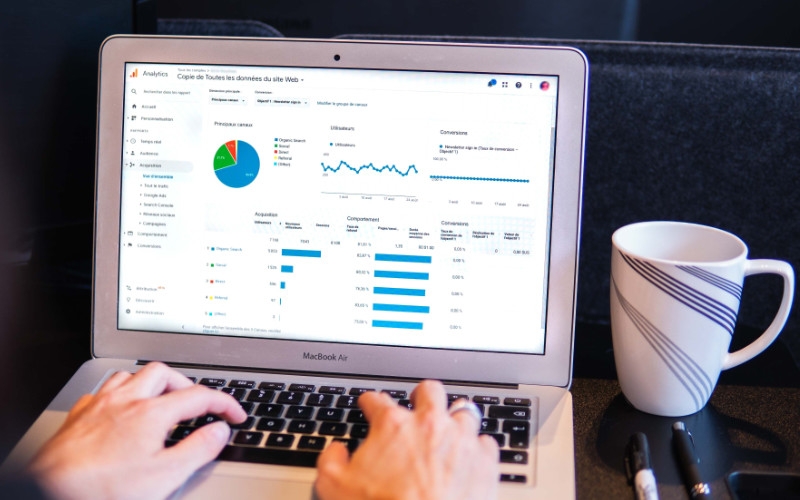 a person analyzing data on a laptop displaying website analytics