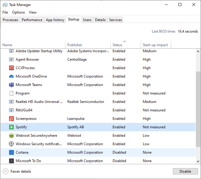 a screenshot of windows task manager interface displaying various apps that are enabled when the pc is turned on
