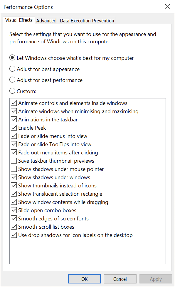 Windows performance option interface displaying various system configuration options and features for user adjustments