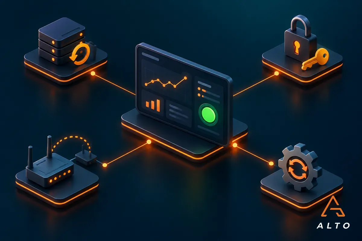 IT resilience controls: monitoring dashboard linked to tested backups, access control, connectivity failover and patching