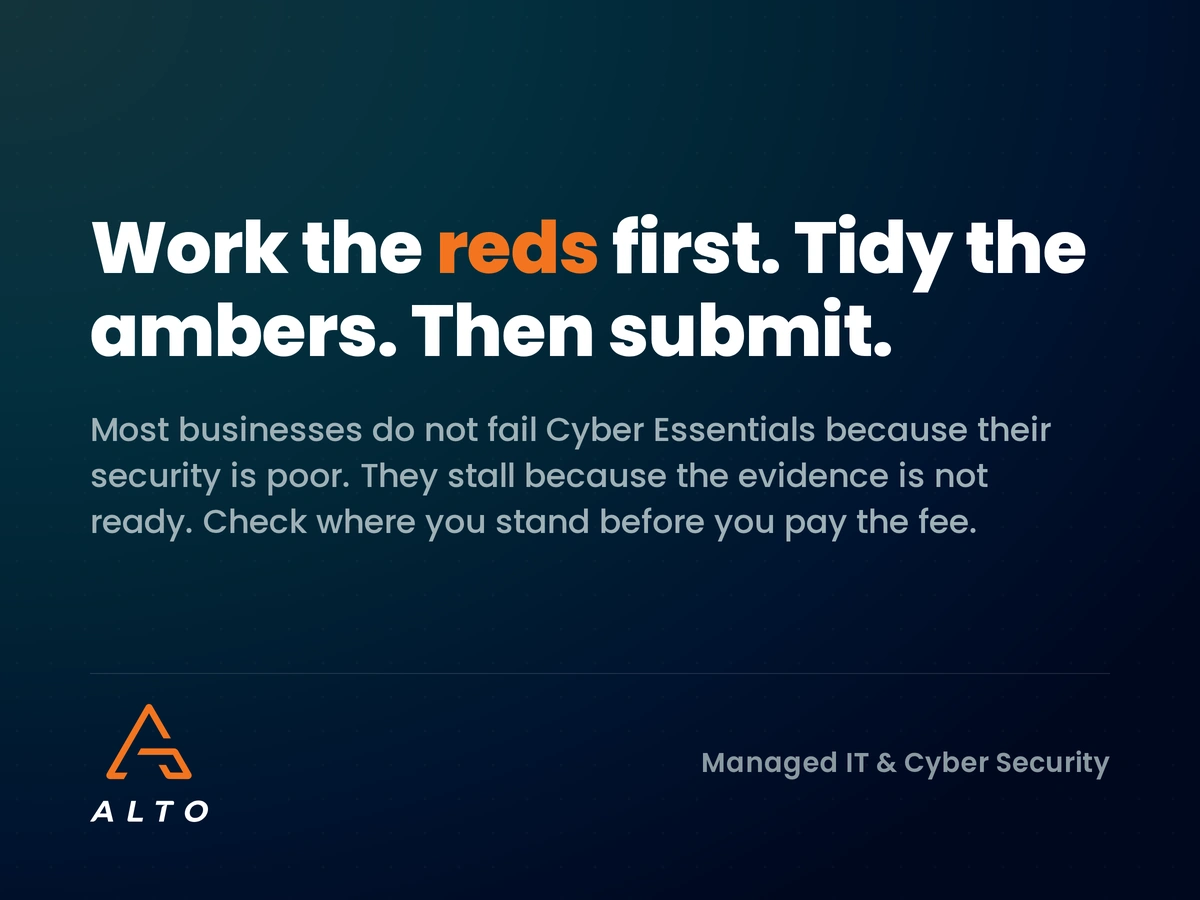 Work the reds first, tidy the ambers, then submit your Cyber Essentials assessment