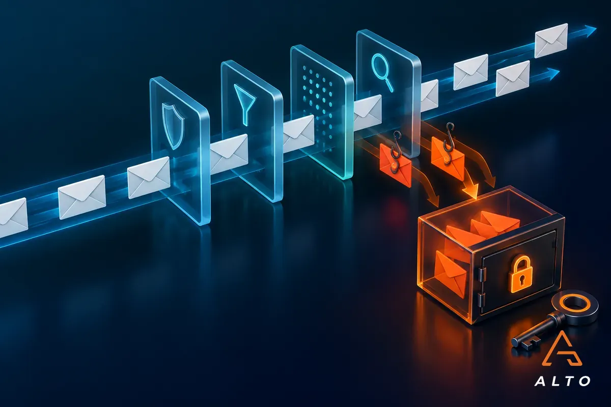 Layered email filters diverting phishing emails into a locked quarantine