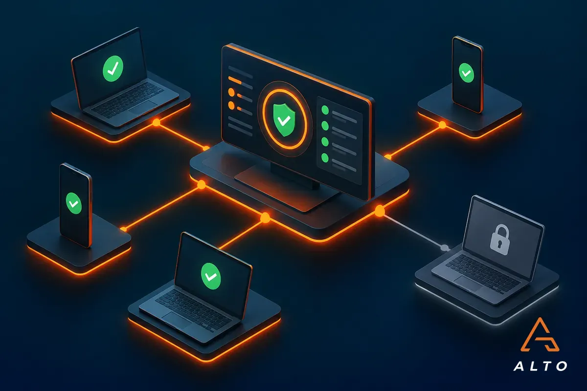 Central device management console linked to enrolled laptops and phones